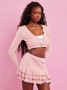 NYA SZN 春季银色细节装饰长袖开衫，适合节日、夏季、早午餐、度假、辣妹风、新娘晚宴、舞会、节日狂欢等场合，女士必备 - 粉色 - 查看 5