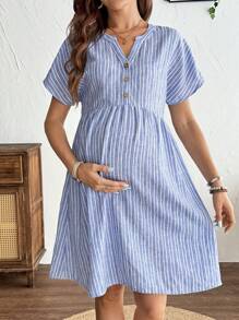SHEIN 孕妇夏季条纹缺口领口纽扣设计休闲中长连衣裙孕妇装