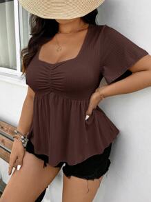 SHEIN Frenchy Damen Große Größen Einfarbiges kurzes Rüschen-Arm Rüschensaum Boho/Bohemian Kurzarm T-Shirt