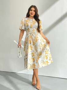 Firerie Plus Size Women Floral Print Puff Sleeve Short Sleeve Long Maxi Dress, Yellow Floral Pattern, Suitable For Beach, Date, Valentine's Day, Music Festival, Party, Wedding, Sexy, Elegant, Commute, Back To School, Vacation, Romantic Women Short Dresses Summer Women Summer Clothing Work Summer Dresses Woman S Summer Clothes Women Plus Sun Dress,Sun Dresses For Women,Sundress