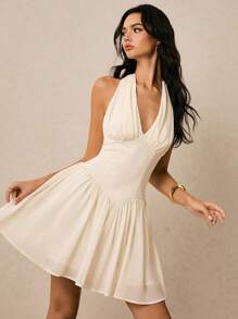 Poéselle Women's Solid Color Gathered Deep V-Neck Sexy Halter Mini Dress, Business Casual, Going Out - Apricot - View 1