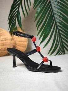 SHUZIA Giày cao gót đế nhọn nữ quai chữ T có vỏ sò - màu đen - Xem 3