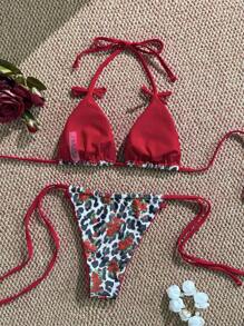 Swim Mod 2 piezas Conjunto de bikini de mujer con estampado de leopardo y escote halter con lazo, traje de baño sexy y lindo de estilo salvaje - Multicolor - Ver 2