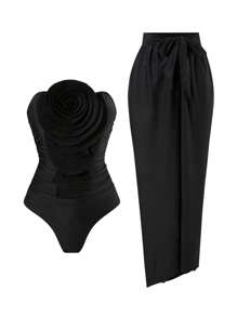 Swim Oasis 2pcs Women's High-End Sexy Solid Color Texture Pleated Strapless One-Piece Swimsuit And Matching Solid Color Texture Tie-Up Skirt Summer Beach Vacation Swimwear Set - Black - View 2