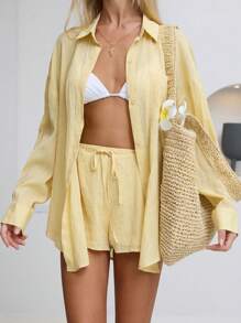 SHEIN PETITE Conjunto de 2 piezas para mujeres de primavera y verano, informal y versátil, con camisa suelta de manga larga de lino trasparente con botones y pantalones cortos de talle bajo de unicolor - Amarillo - Ver 6