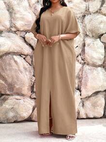 SHEIN Lady 秋冬工作绿色缺口蝙蝠袖长袍连衣裙加大码连衣裙度假装女士沙滩装女士海滩度假沙滩裙婚礼宾客礼服女士商务休闲女士舞会礼服 - 卡其色 - 查看 4