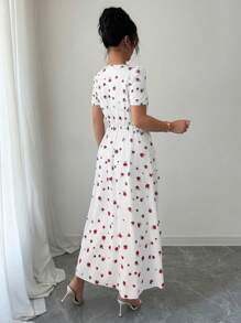 Elenzga Đầm Maxi thường ngày in họa tiết cổ tim tay ngắn cho nữ - Đỏ - Xem 2