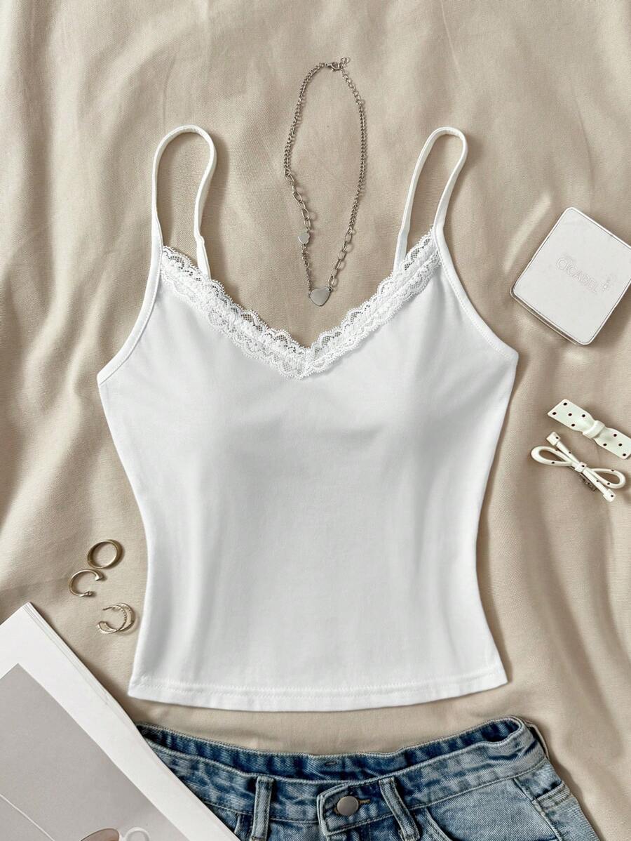 SHEIN 少女白色蕾丝芭蕾吊带背心 - 白色 - 查看 1