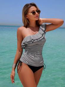 Swim Lushoire Women's Summer Fabric Striped Floral Trim Spaghetti Strap Cropped Top & Bikini Set, Beach Outfit - Black and White - View 6