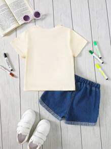 SHEIN Young Girl Casual Comfortable Matching Set - Crew Neck Short Sleeve T-Shirt And Jean Shorts - Apricot - View 4