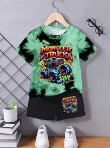 GraphicGems Young Boy Summer Casual Tie-Dye Cartoon Car Graphic Round Neck Short Sleeve T-Shirt And Shorts Set Young Boys 2 Piece - Multicolor - View 2