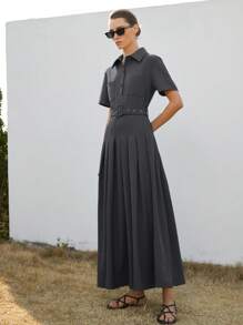 学院风短袖 Polo 领拼接褶皱长裙，女士休闲通勤返校装 - 黑色 - 查看 6