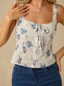 Enchnt 女士花卉印花蕾丝拼布系带休闲吊带背心 - 藍色 - 查看 3