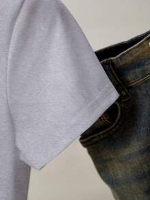 INAWLY Kaos Kasual Lengan Pendek Leher Bulat dengan Hiasan Mutiara dan Desain Hati, Musim Panas - Grey - View 3
