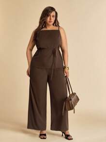 SHEIN X Scheana SHEIN BAE Plus Size Women Summer Brown Elegant 2 Pieces Set, Wrap Blazer Top & Wide Leg Pants, Office Wear, Concert, Party, Formal Suit, 4th Of July Outfits - Brown - View 2