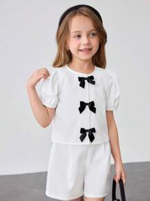 2 Stücke Set mit Kleine Mädchen Top mit rundem Ausschnitt und aufgeblähten Ärmeln und lässiger weiter Hose - Weiss - Übersicht 4