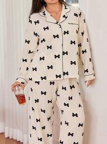 Dream Adore Conjunto de pijama de manga larga con cuello de solapa, lazo y franja de color contrastante en talla grande, ideal para vacaciones