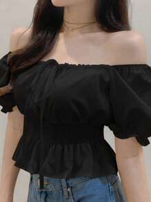 DAZY Women's Knot Waist Puff Sleeve Short Sleeve Black Blouse, Babydoll Top