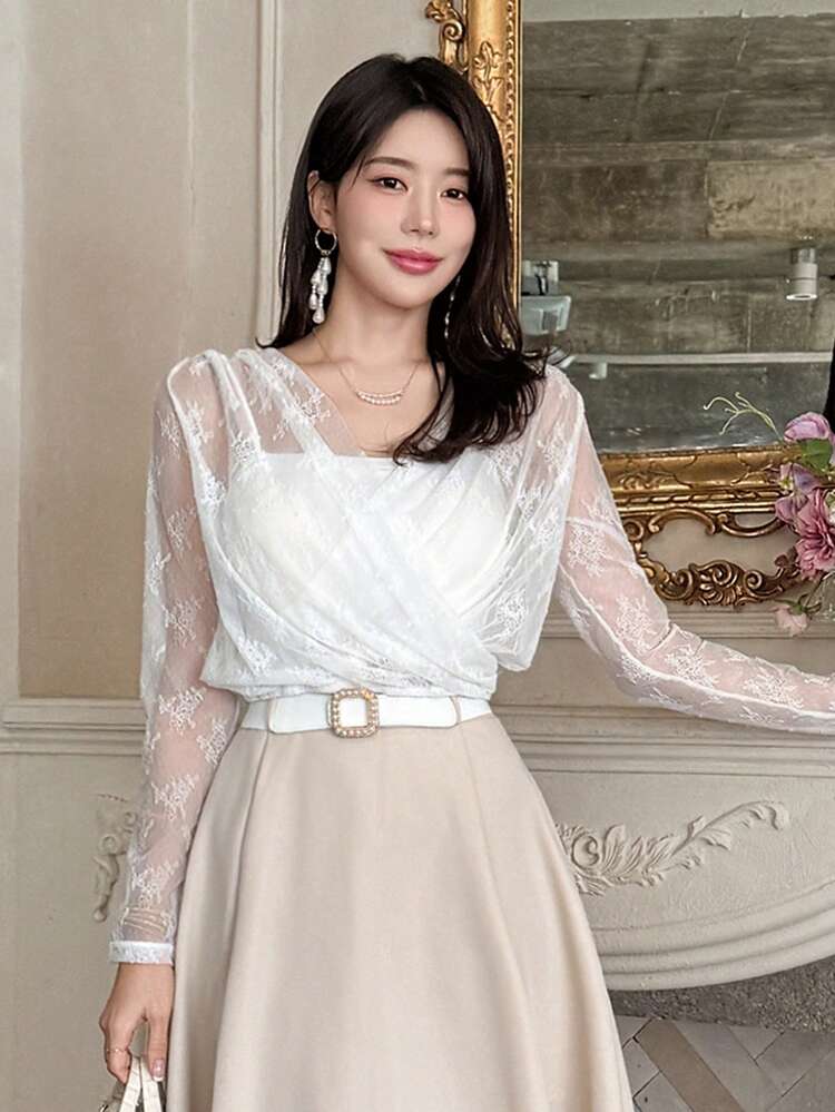 Women's French Romantic Sheer Lace Crisscross Design Lace Blouse Top Long Sleeve Women Tops