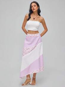 Roylia Váy chữ A họa tiết kẻ caro tương phản màu sắc cạp thấp cho nữ, viền cao thấp bất đối xứng, phong cách đồng quê lãng mạn - Hồng - Xem 5