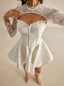 Vowa Elegant Luxury Lace Patchwork Jacquard Satin A-Line Sheer Long Sleeve Dress, Suitable For Weddings, Parties, Holidays, Balls, Gifts, Bride, Graduation, Teacher Outfits For Women, Teacher Dress, Valentine's Day - Beige - View 7