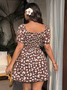 Sunnyshic Plus Size Women's Off Shoulder Ditsy Floral A-Line Dress, Vacation - Brown - View 2