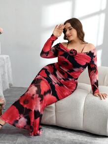 Modelyn 春夏大码露肩扎染花卉印花网眼下摆修身优雅端庄连衣裙 - 彩色 - 查看 6