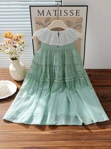 SHEIN Girls Elegant Round Neck Sleeveless Ruffle Hem A-Line Layered Cake Dress, Loose Fit, Suitable For Holiday Party, Birthday Gift, Vacation, Summertime - Green - View 2