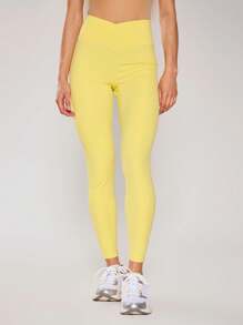 Musera Sport Crossover Waist Fitted Contour Activewear Leggings, Padel, Tennis, Pickleball Gym Fitness - Yellow - View 3