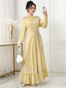 Modelyn Đầm dài tay thanh lịch cổ lệch màu trơn cho nữ - Màu Mù tạt vàng - Xem 5
