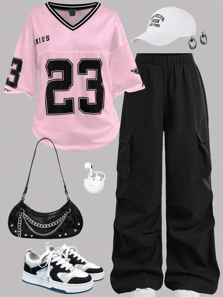 SHEIN EZwear 女士夏季运动字母 T 恤和工装裤两件套，返校服装 - 粉色 - 查看 1