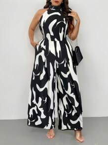 Firerie Plus Size Women's Elegant Holiday All-Over Print Sling Pocket Wide Leg Jumpsuit/Valentine's Day/Concert/Performance Costumes/Dating/Senior Banquet/Dance/Wedding Season/Sexy/Elegant/Commuting/Back To School Season/Vacation/Beach/Elegant Romance/Office Enchantress/Siren Style/Birthday Party Outfits/Boho