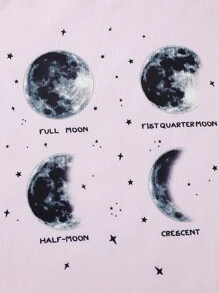 4pcs/Set Teen Girls Minimalist Chic Moon & Space Print Casual Matching Ribbed Pink & White Tight Short Sleeve Top & Shorts Home Set - Baby Pink - View 3