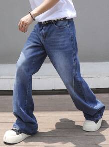 Manfinity Roghcode 男士夸张金属链装饰宽松牛仔裤 - 中等水洗藍 - 查看 4