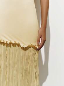 Lumivelle Váy chữ A dệt kim màu trơn tối giản thời trang dành cho nữ & vải voan nhún viền - Màu vàng - Xem 6