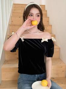 Dazy X KIMYOUJUNG Women Color Blocking Butterfly Decorated Off-Shoulder Short Sleeve Crop Top For Summer,Off Shoulder Top - Black - View 4