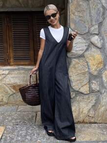 DAZY 女式深V领牛仔背带裤，休闲街头风格连体裤