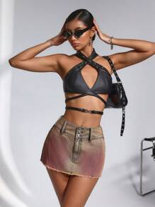 SHEIN ICON 女士磨边 A 字短款休闲牛仔裙 - 藍色 - 查看 6