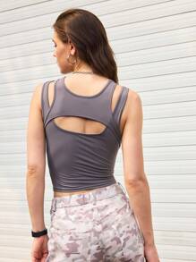 SHEIN Sports 女式镂空设计纯色健身运动背心 - 灰色 - 查看 4