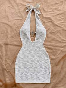 Soleia New Textured Halter Backless Tie Design Mini Dress With Metal Decor, Blue White Dresses For Women Vacation Dress - White - View 4