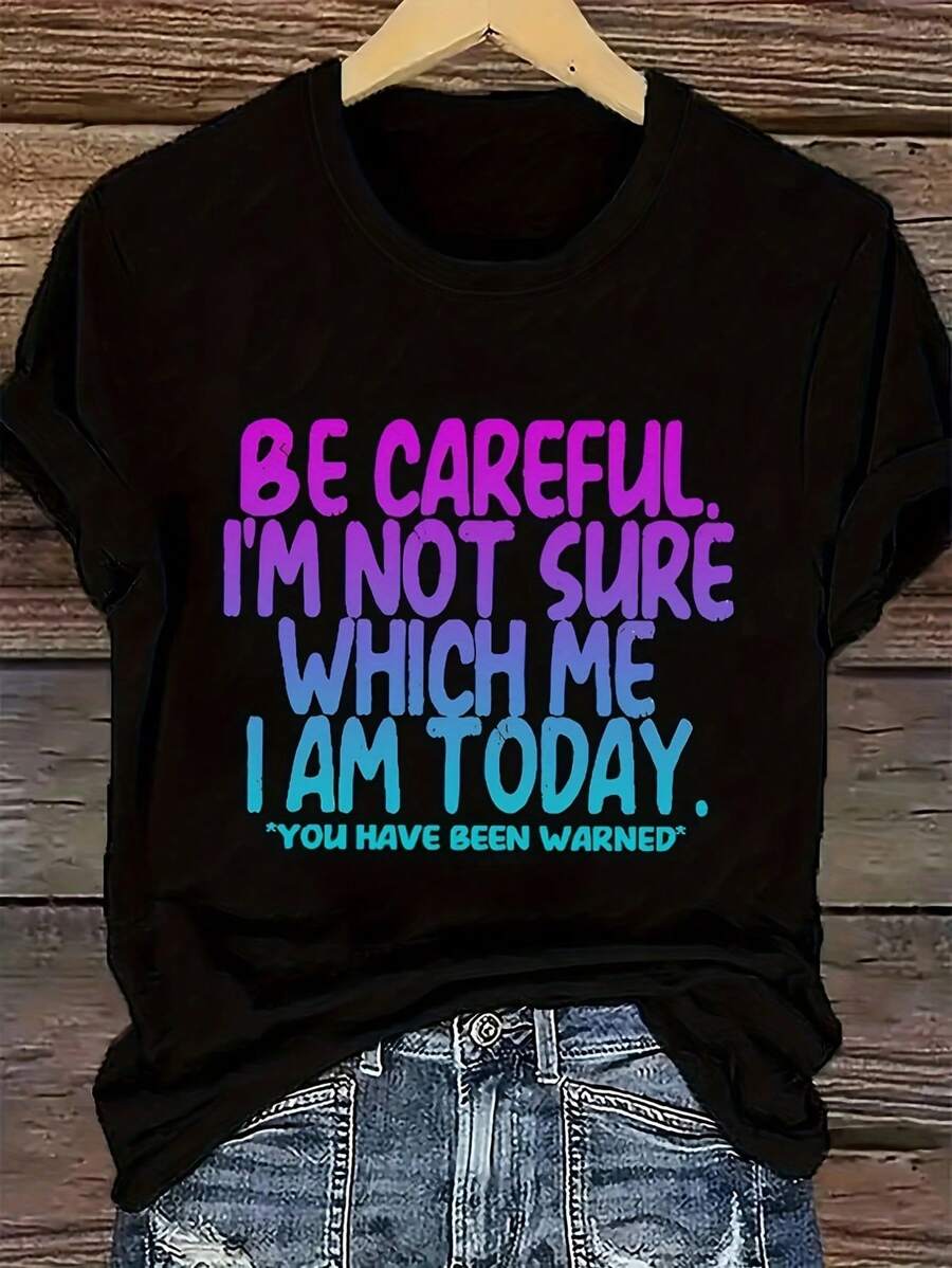 女式夏季休闲标语印花短袖圆领 T 恤 - 黑色 - 查看 1