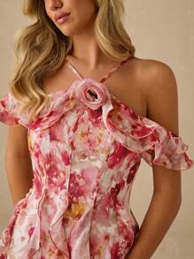 Enchnt Spring/Summer Romantic Women's  Vacation Style Allover Print Embellished Halter Ruffle Hem One Shoulder Maxi Dress,Sweet&Elegant&Sexy, For Holiday Dress&Vacation Dress&Sweet Date&Graduation Season Dress&Afternoon Tea&Garden Parties,Summer Outfits For Women,Elegant Dresses For Women,Bohemian Clothes