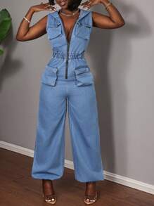 Slaydiva 女士牛仔工装裤和连体裤 修身连帽工装口袋连体裤 蓝色连体裤 街头风 - 淺色水洗藍 - 查看 3