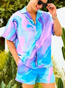 Manfinity Swimmode Camisa de Manga Curta com Estampa Tie Dye e Shorts, Traje de Praia Havaiano, para Homens