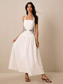 Poéselle 白色棉质连衣裙，刺绣连衣裙，节日连衣裙，女士夏季纯色露背吊带连衣裙