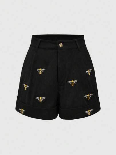 Fairycore Pantalones cortos casuales con bordado de abeja, versátiles para el verano, tallas grandes