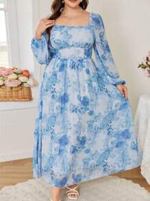 Modelyn Elegant Floral Print Off Shoulder Long Sleeve Cinched Waist A-Line Plus Size Dress, Spring/Summer - Multicolor - View 3