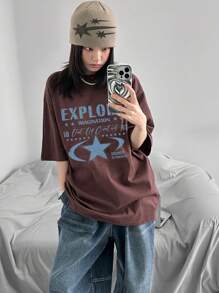 DAZY Women's Letter Print Contrast Color Loose Round Neck Short Sleeve T-Shirt, Spring, Summer Graphic Tee Oversized T-Shirt, Teacher - Brown - View 2