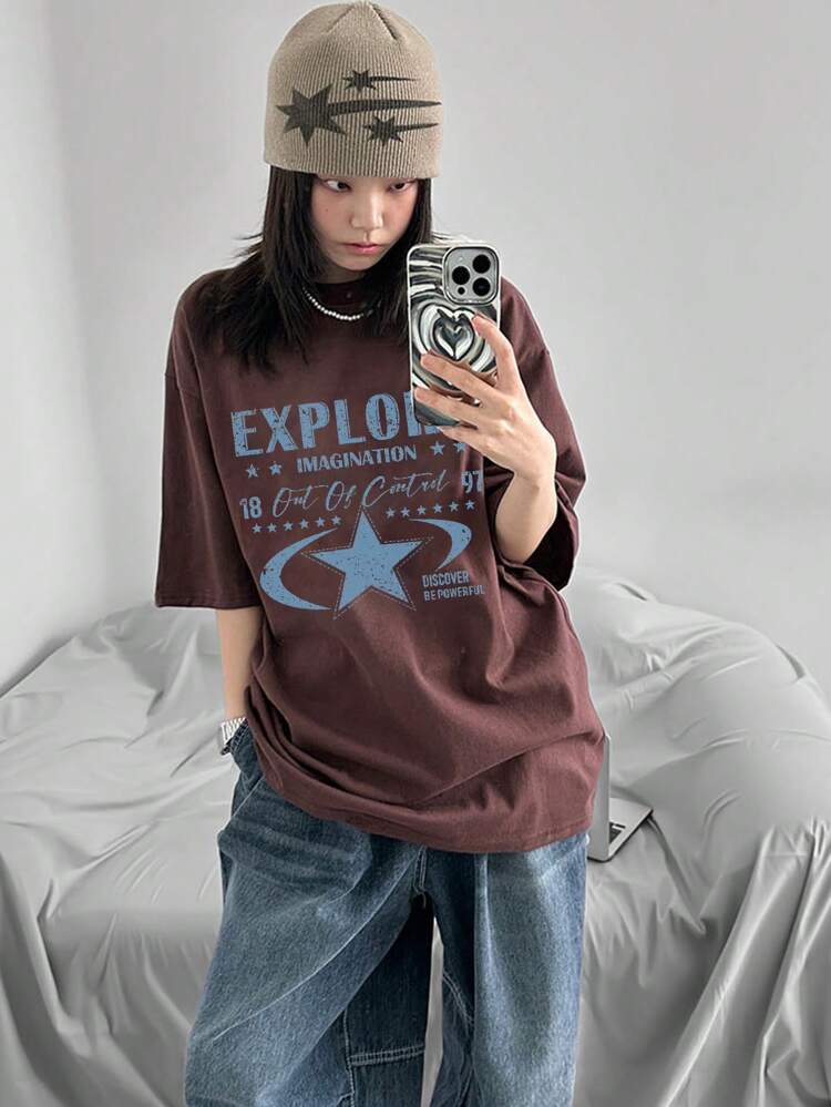 Women's Letter Print Contrast Color Loose Round Neck Short Sleeve T-Shirt, Spring, Summer Graphic Tee Oversized T-Shirt, Teacher