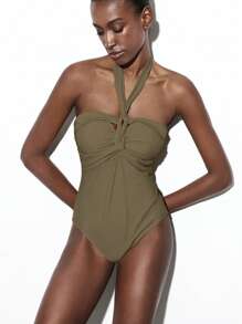 Maija Áo kiểu hở lưng đơn sắc thời trang tối giản thường ngày dành cho nữ, thích hợp mặc hàng ngày và đi nghỉ; Đồ bơi/Trang phục đi biển cho nữ - màu nâu - Xem 2